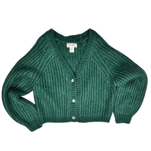 Jessica Simpson Emerald Green Knit Cardigan Jeweled Buttons V-Neckline Size M - Picture 13 of 13